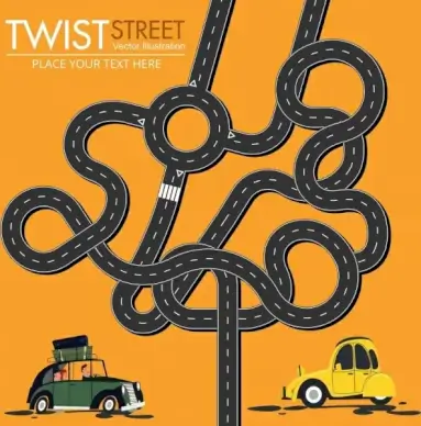 roadway trip advertisement twisted road cars icons