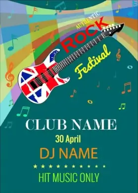rock festival banner flyer guitar colorful notes symbols