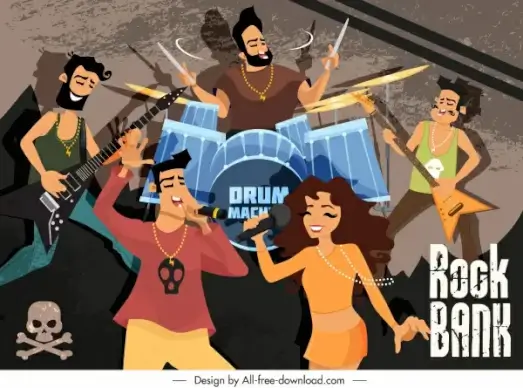 rock music background performing band sketch cartoon characters