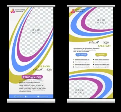 roll up banner design with colorful curved lines