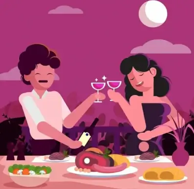 romance background couple food dining table icons decor