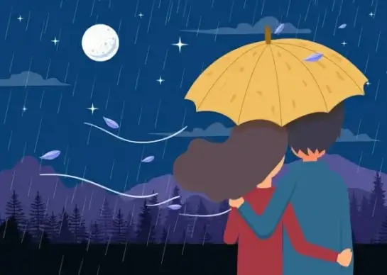 romance drawing couple rain moonlight icons colored cartoon