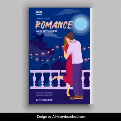 romance ebook cover template romantic love couple kiss moonlight decor cartoon design 