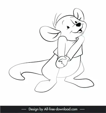 roo cartoon character icon black white handdrawn outline  
