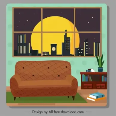 room decor template sofa bookshelf window sketch