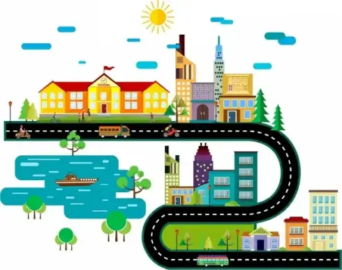 routing design curved road layers and buildings sketch