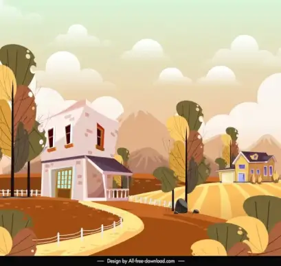 rural landscape background field houses sketch colorful classic