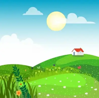 rural landscape drawing green hill grass cottage icons