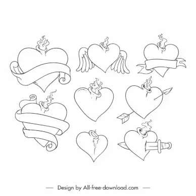 sacred heart icons collection flat handdrawn outline 