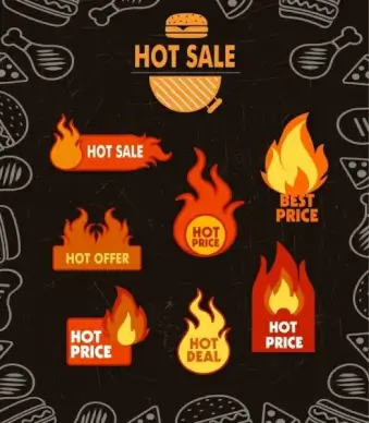 sale banner fire fast food icons ornament