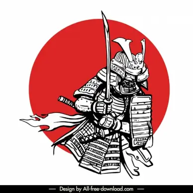  samurai icon flat black white handdrawn sketch circle sun decor 