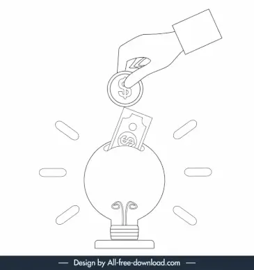 saving investment solution icon black white lightbulb money coin hand sketch