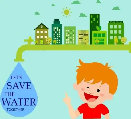 saving water banner drop tap green city icons