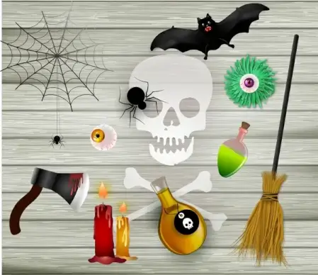 scary halloween icons sets on wooden background