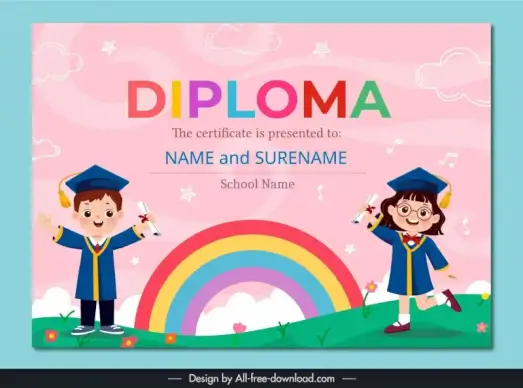 school diploma certificate template cute schoolchildren sky elements 