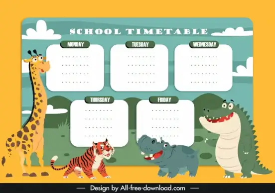 school timetable template cute cartoon giraffe tiger hippo alligator animals species sketch