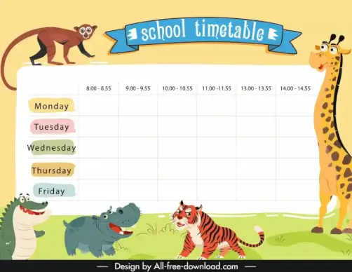 school timetable template cute cartoon giraffe tiger monkey hippo alligator animals species sketch