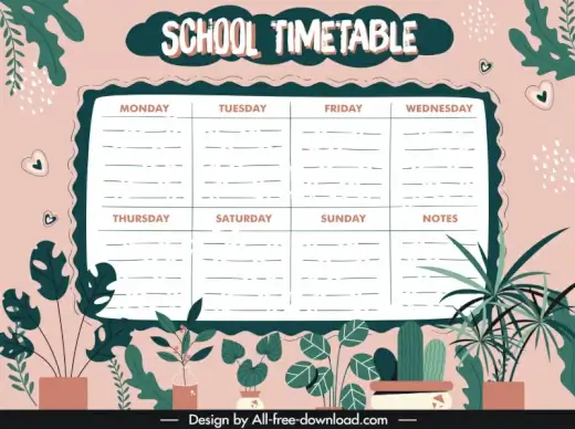 school timetable template flat classical houseplants decor