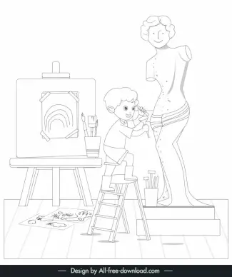 sculpture work design elements black white handdrawn boy statue outline