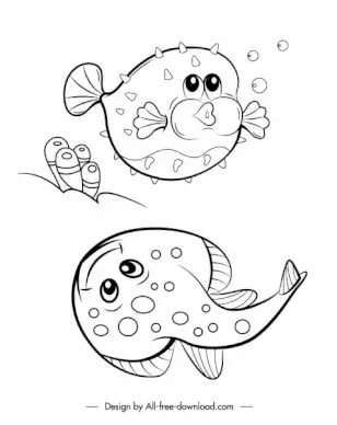 sea animals icons fishes species sketch handdrawn cartoon