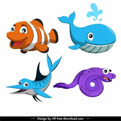 sea creatures icons cute cartoon characters colored design