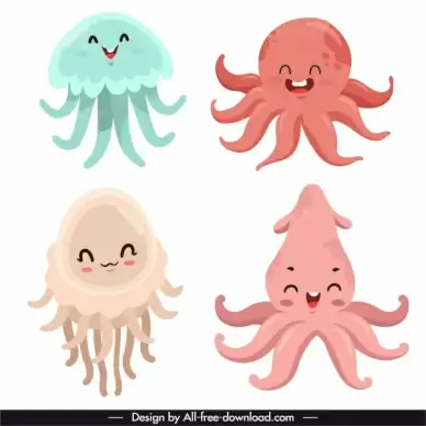 sea creatures icons cute cartoon characters sketch