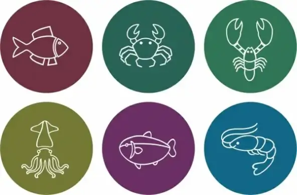 sea food icons outline various white flat isolation