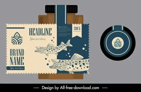 sea food label template classical handdrawn fish decor