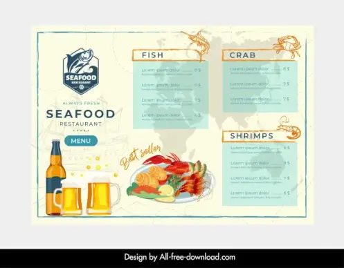 sea food menu template classic beer marine elements 