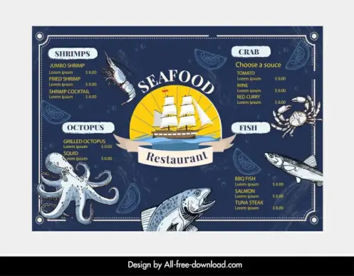   sea food menu template marine elements decor