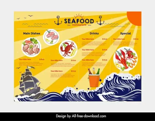  sea food restaurant menu template dynamic waves ship