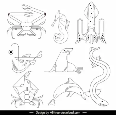 sea species icons black white handdrawn sketch