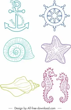 sea symbols icons handdrawn anchor wheel species sketch