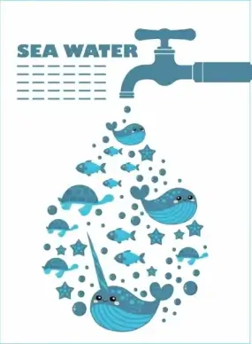 sea water background faucet marine animals icons