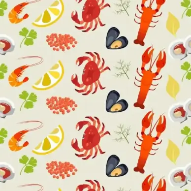 seafood background multicolored repeating marine species icons