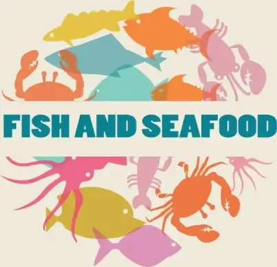 seafood background multicolored silhouette various flat icons