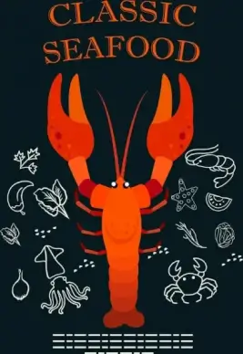 seafood background red lobster icon ingredients sketch