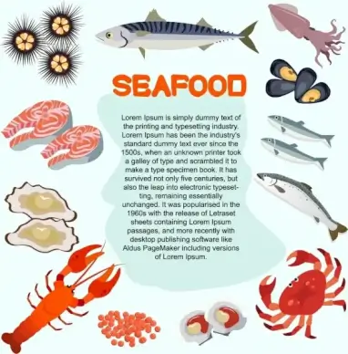seafood banner various colored species icons decoration