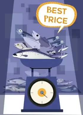 seafoods banner fish squid scale icon decor