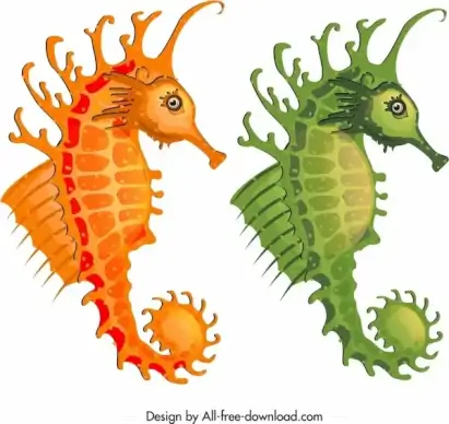 seahorse icons mockup design orange green sketch