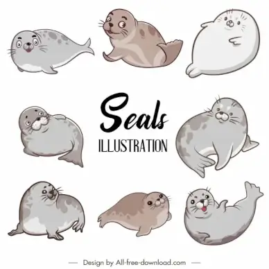 seal animals icons cute cartoon sketch