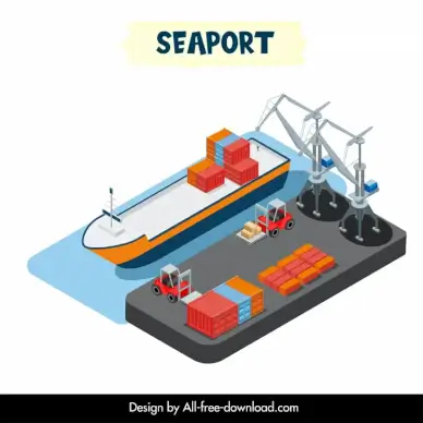 seaport logistics design elements 3d cargo vessel jetty transport elements sketch