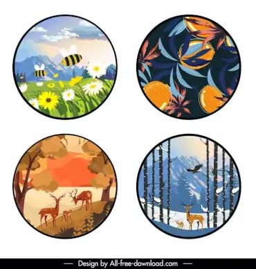 season backdrop templates elegant classical nature scenes circles isolation sketch