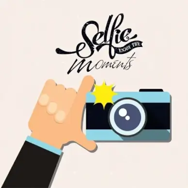 selfie banner hand camera icons calligraphy decor