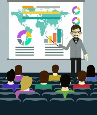 seminar background lecturer audience icons colored cartoon design