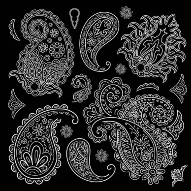 set of black and white paisley pattern vector graphics