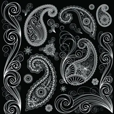 set of black and white paisley pattern vector graphics