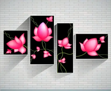 sets of pink lotus paintings on brickwall background