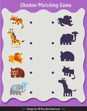 shadow matching game backdrop template cute cartoon silhouette wild animals sketch