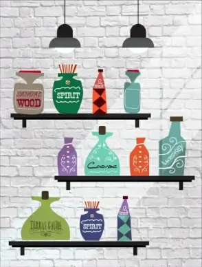 shelf decor drawing bottle icons flat retro design